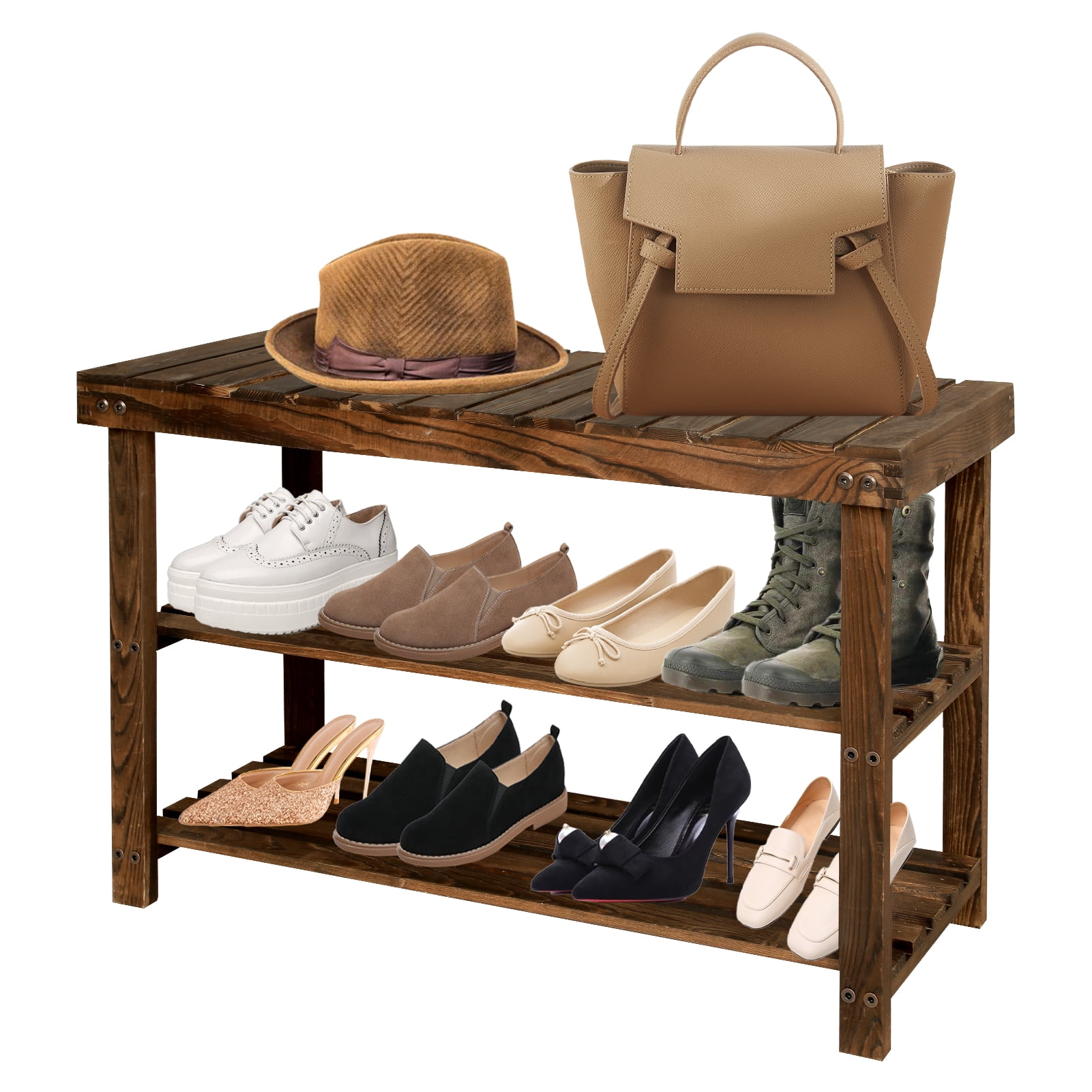 Fionafurn Shoe Rack Bench, 3-Tier Bamboo Shoe Storage Organizer, 27 x ...