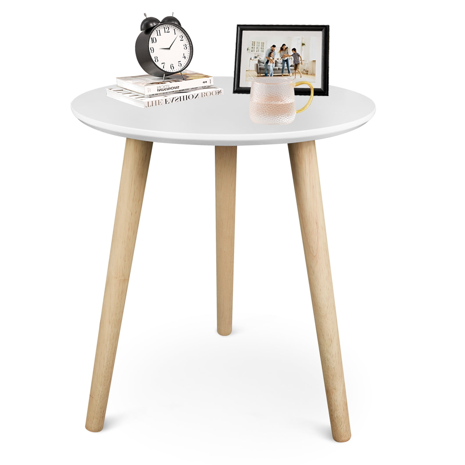 Fionafurn Side Table Round, Modern Small Coffee Table, White + Natural