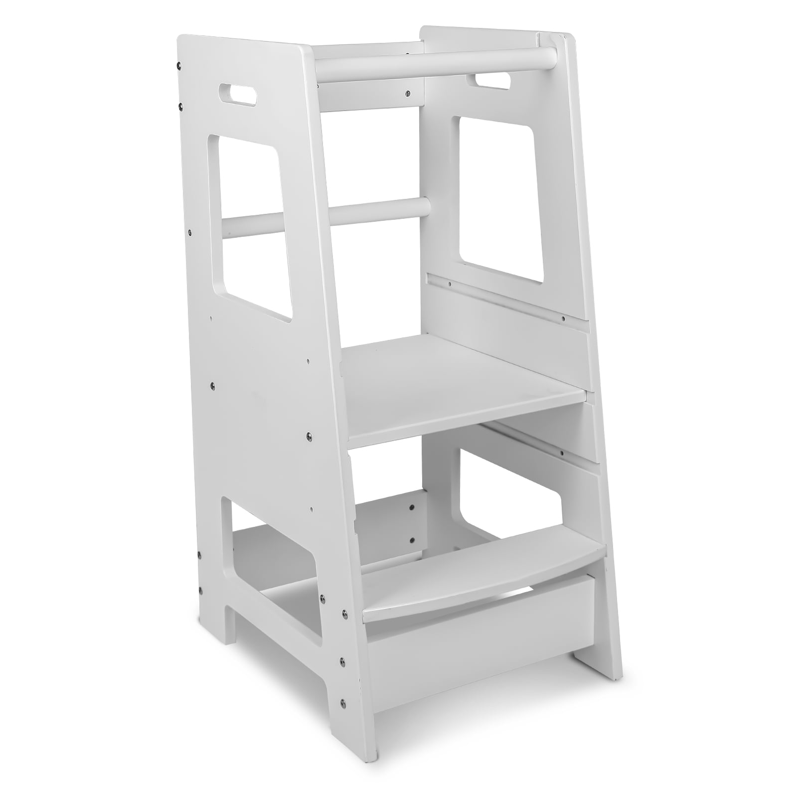 White Adjustable Wooden Toddler Standing Step Stool with Safety Rails