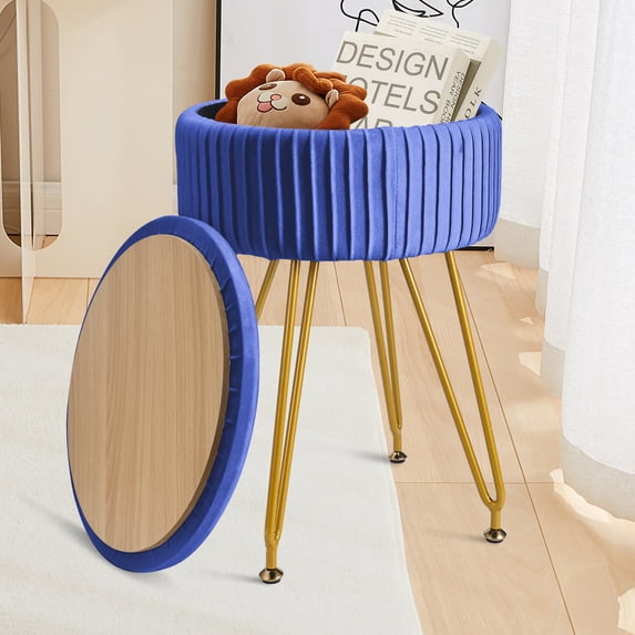 Fionafurn Velvet Storage Ottoman, Upholstered Pleated Round Vanity Stool, Jewel Blue