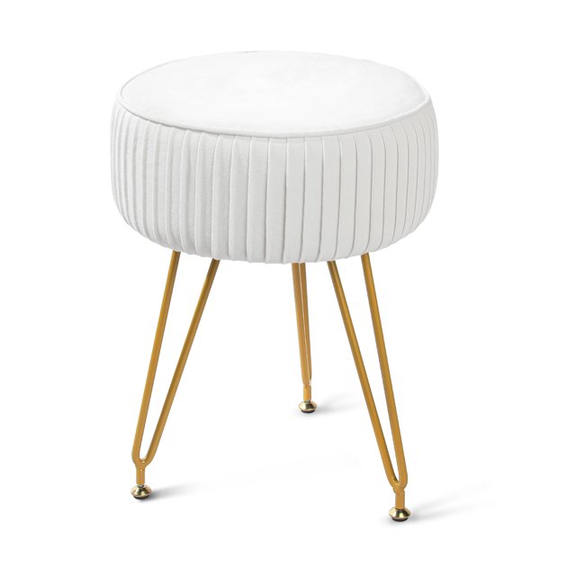 Fionafurn Velvet Upholstered Round Ottoman Pleated Vanity Makeup Stool