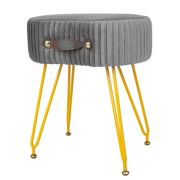 Fionafurn Velvet Vanity Stool Ottoman, Upholstered Pleated Makeup Chair with Handle and Gold Leg (Gray)