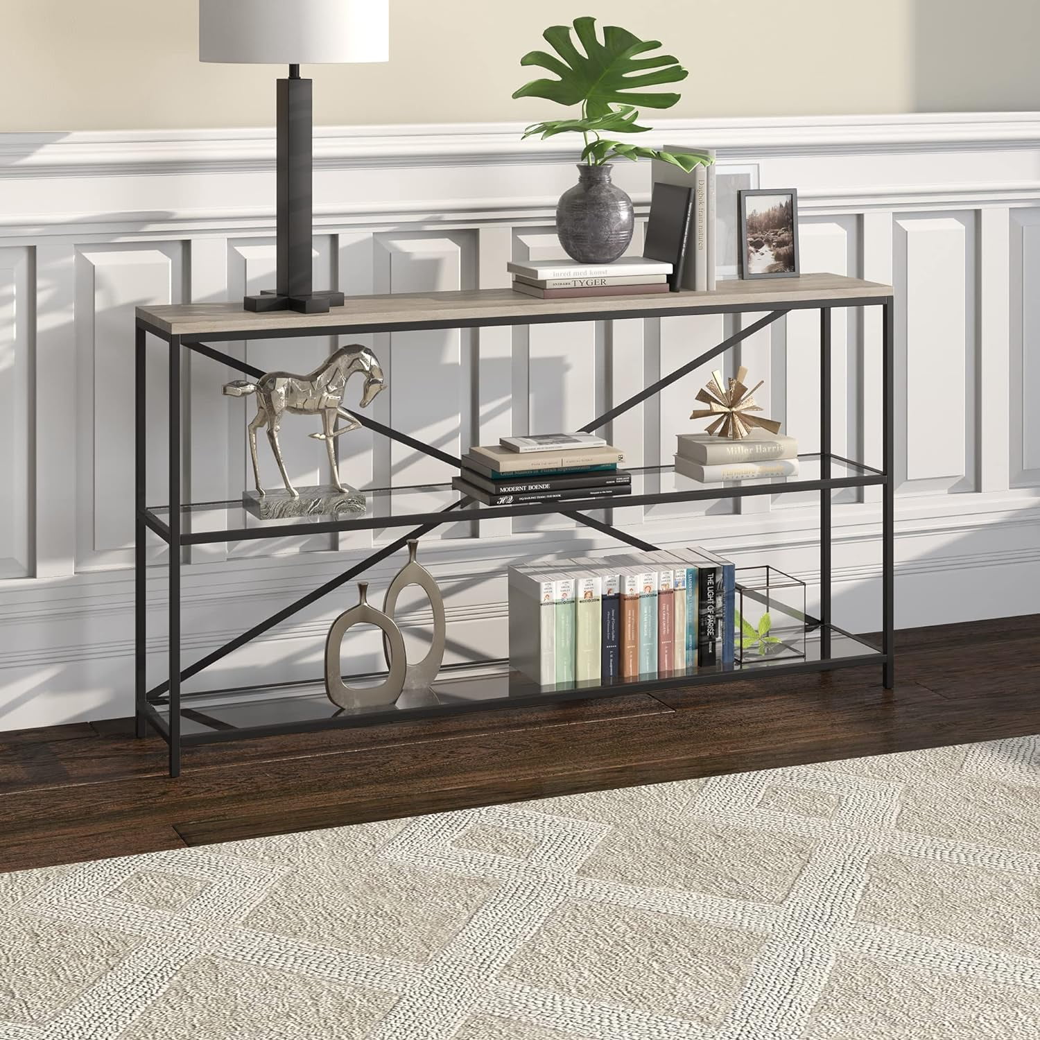 Fionn Blackened Bronze & Antiqued Gray Oak 55" Console Table with Glass Shelves