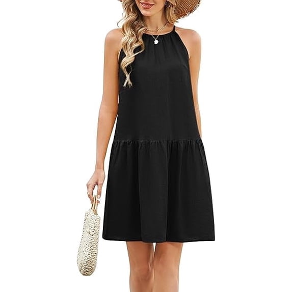 Fiophy 100% Linen Dress Halter Neck Sleeveless Summer Casual Ruffle Midi Beach Dresses, Black,L