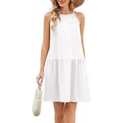 Fiophy 100% Linen Dress Halter Neck Sleeveless Summer Casual Ruffle Midi Beach Dresses, White,L