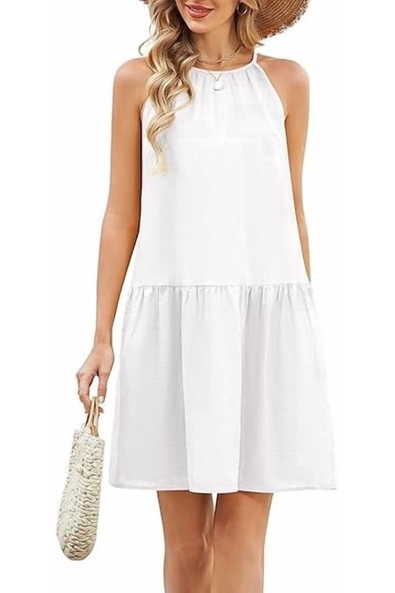 100% Linen Dress Halter Neck Sleeveless Summer Casual Ruffle Midi Beach Dresses, White,L