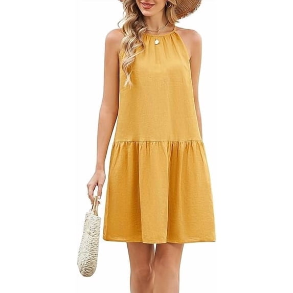 Fiophy 100% Linen Dress Halter Neck Sleeveless Summer Casual Ruffle Midi Beach Dresses, Yellow,S