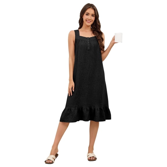 Fiophy 100% Linen Dress V Neck Pleated Button Front Sleeveless Wide Strap Summer Casual Ruffle Midi Summer Dresses, Black,L
