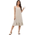 thumbnail image 1 of Fiophy 100% Linen Dress V Neck Pleated Button Front Sleeveless Wide Strap Summer Casual Ruffle Midi Summer Dresses, Flax,M, 1 of 9