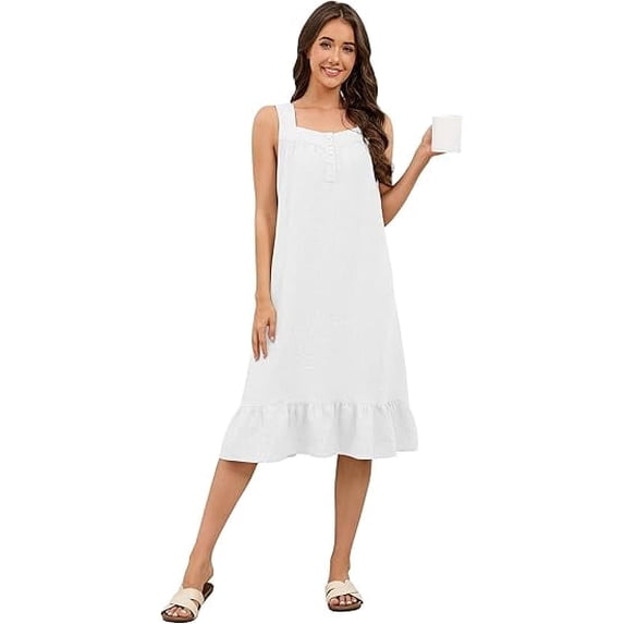 Fiophy 100% Linen Dress V Neck Pleated Button Front Sleeveless Wide Strap Summer Casual Ruffle Midi Summer Dresses, White,L