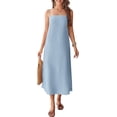 thumbnail image 1 of Fiophy,100% Linen Dresses Square Neck Sleeveless Spaghetti Strap Summer Casual Midi Dress with Slit, Blue,L, 1 of 6