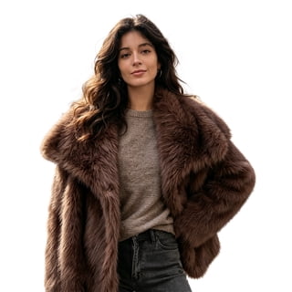 Fiophy Fur Coat for Women Oversized Lapel Collar Faux Fur jacket, Long Loose Sleeves Faux Fur Jacket, Short Cropped Cut, Warm Winter Outerwear, Daily Party Wear, Coffee, L