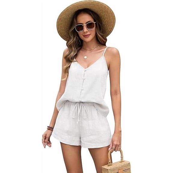 Fiophy Women's 100% Linen 2 Piece Outfits Summer Lounge Sets Sleeveless V Neck Button front Tops Elastic Waist Shorts Set, White, L