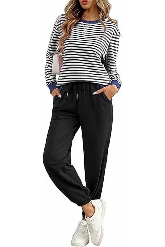 Women's Cozy 2 Piece Outfits Lounge Sets Striped Color Block Long Sleeve Tops Jogger Sweatpants Sweats Track Suits Set,Red,2XL
