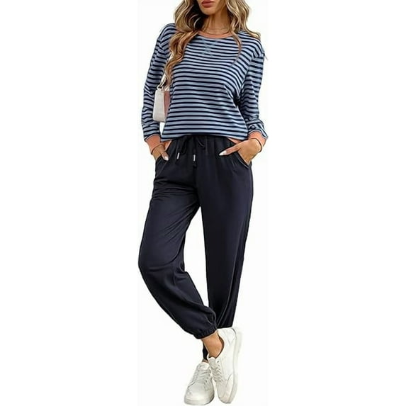 Fiophy Women's Cozy 2 Piece Outfits Lounge Sets Striped Color Block Long Sleeve Tops Jogger Sweatpants Sweats Track Suits Set,Navy Blue,2XL