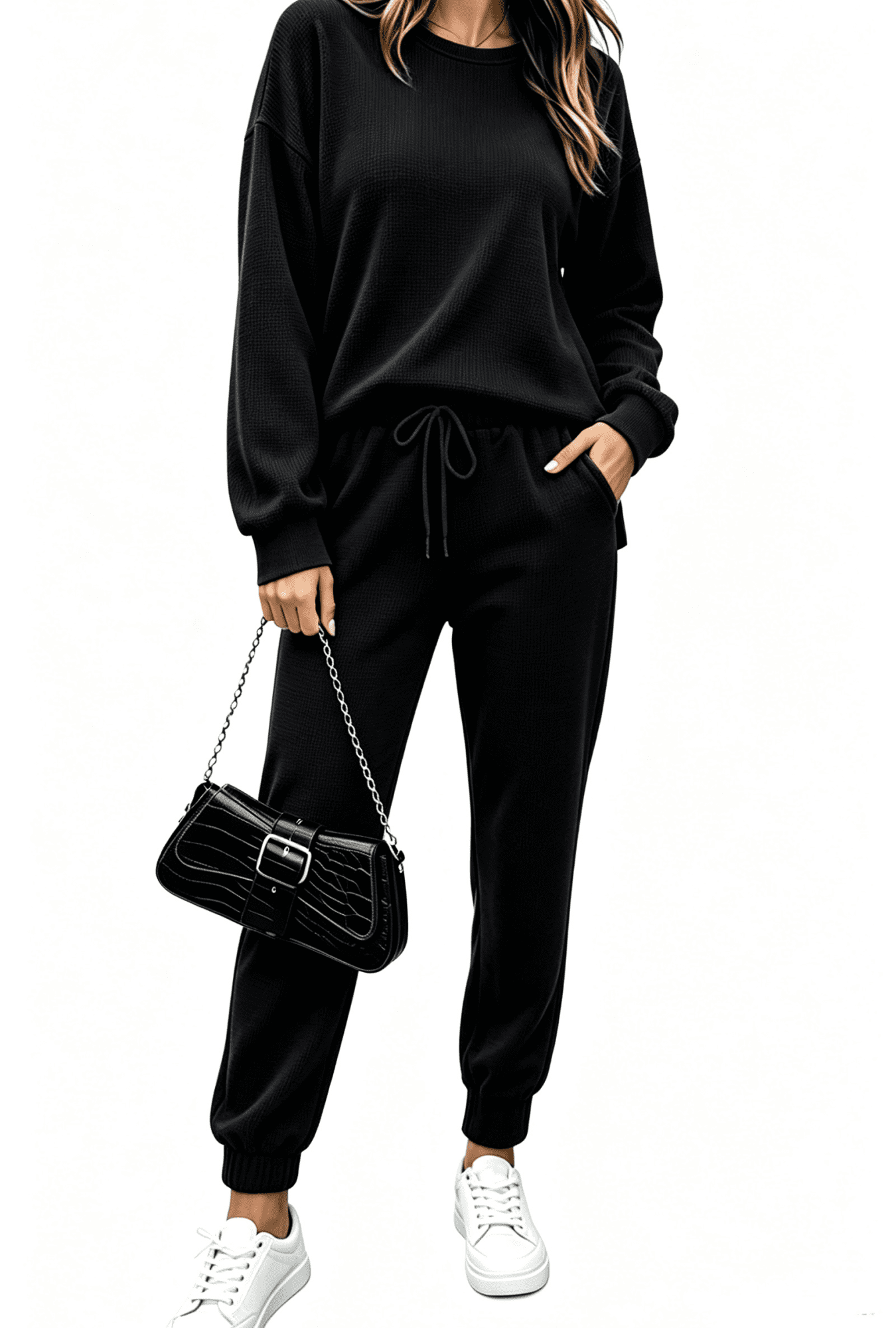 Fiophy Women's Lounge Set Waffle Knit Travel Outfits Long Sleeve Tracksuit Joggers Sets with Pockets, Black, XL