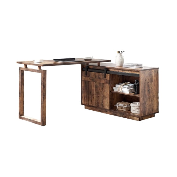 Benjara Fior L Shaped Writing Desk- 56" Distressed Brown Wood- Barn Door