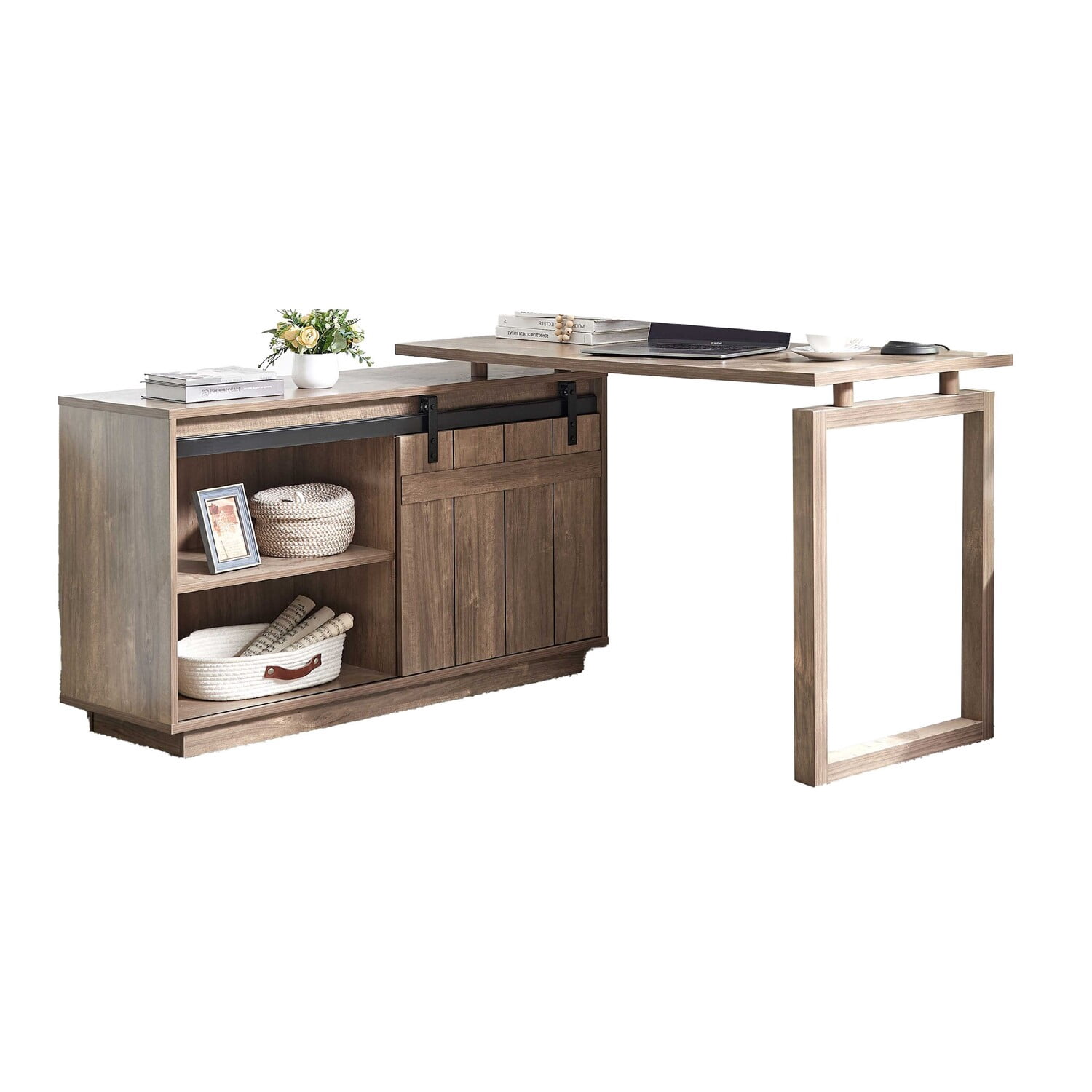 Benjara 56" Fior L Shaped Writing Desk in Hazelnut Brown Wood