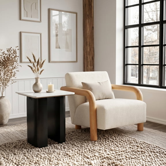 Fiora Side Table White & Black End Table, Modern Style, Marble square shape tabletop, MDF, Indoor Living