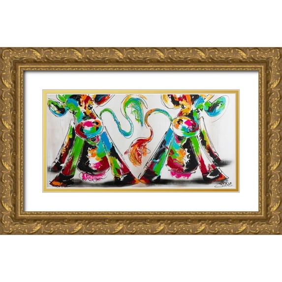 Fiore, Art 32x18 Gold Ornate Wood Framed with Double Matting Museum Art Print Titled - Happy cows I