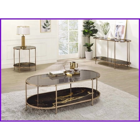 Fiorella Black Marble Print Coffee Table with Gold Metal Frame, Easy-Clean & Extra Storage Shelf