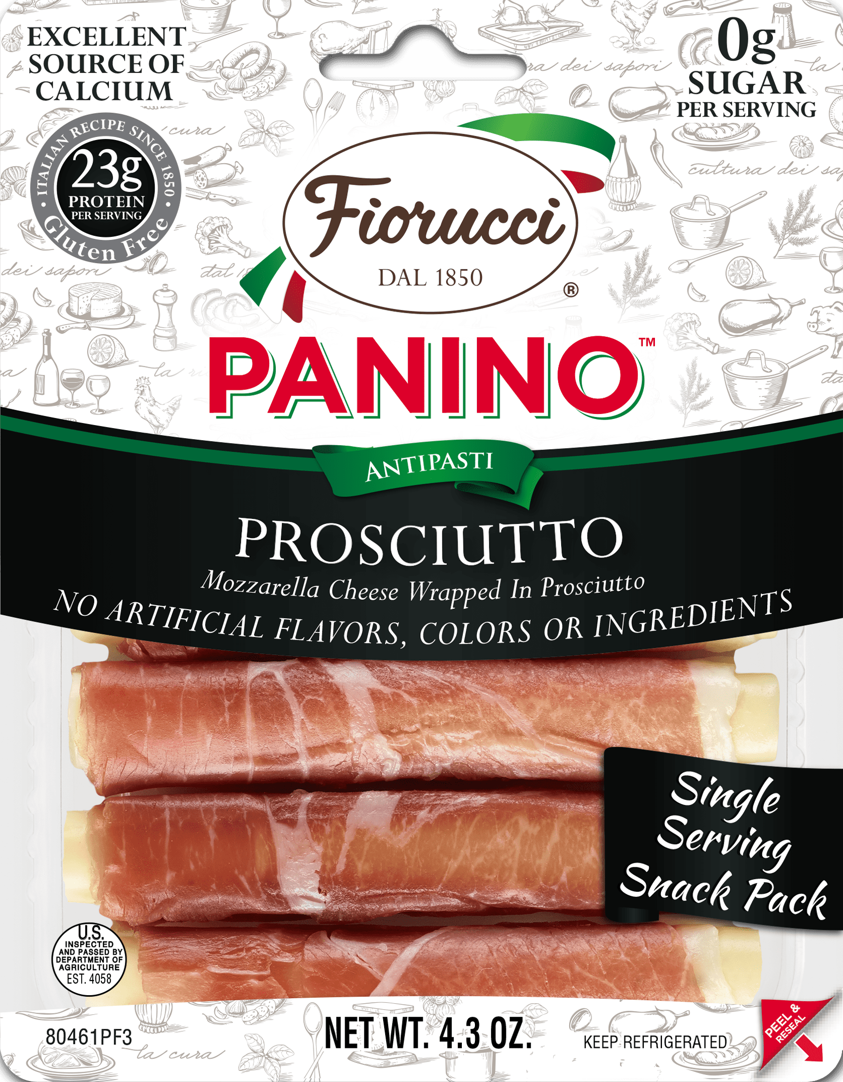 Fiorucci Prosciutto and Mozzarella Panino, 4.3 oz, 6 Count
