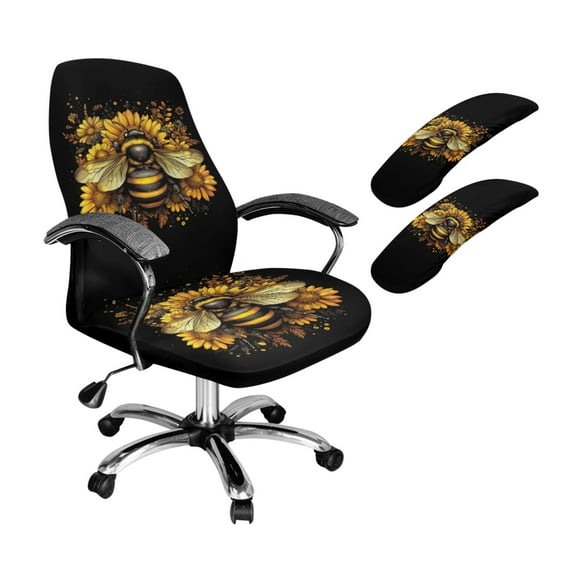 SCRAWLGOD Bee Sunflowers 3 Pieces Breathable Computer Chair Cover with Arm Slipcovers Stretchy High Back Chair Covers Cozy Scratch Resistant Boss Chair Protector, S