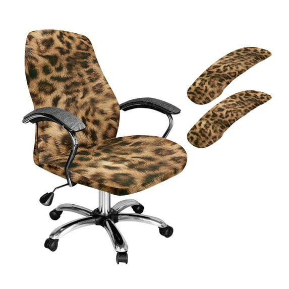 SCRAWLGOD Fur Leopard Print Set of 3 Removable Office Chair Cover with Arm Rest Covers Non-Slip Desk Chair Protector Scratch Resistant Swivel Chair Slipcover, S