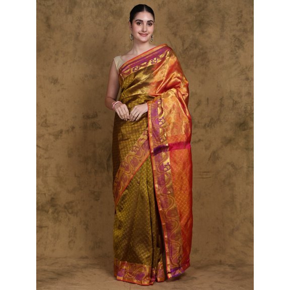 Fir-Green Pure Silk Saree from Bangalore with All-over Leaf Weave
