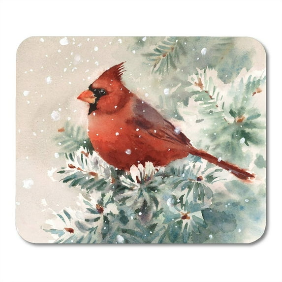 Fir Red Christmas Winter Cardinal Bird Hand Watercolor Tree Mousepad Mouse Pad Mouse Mat 9x10 inch
