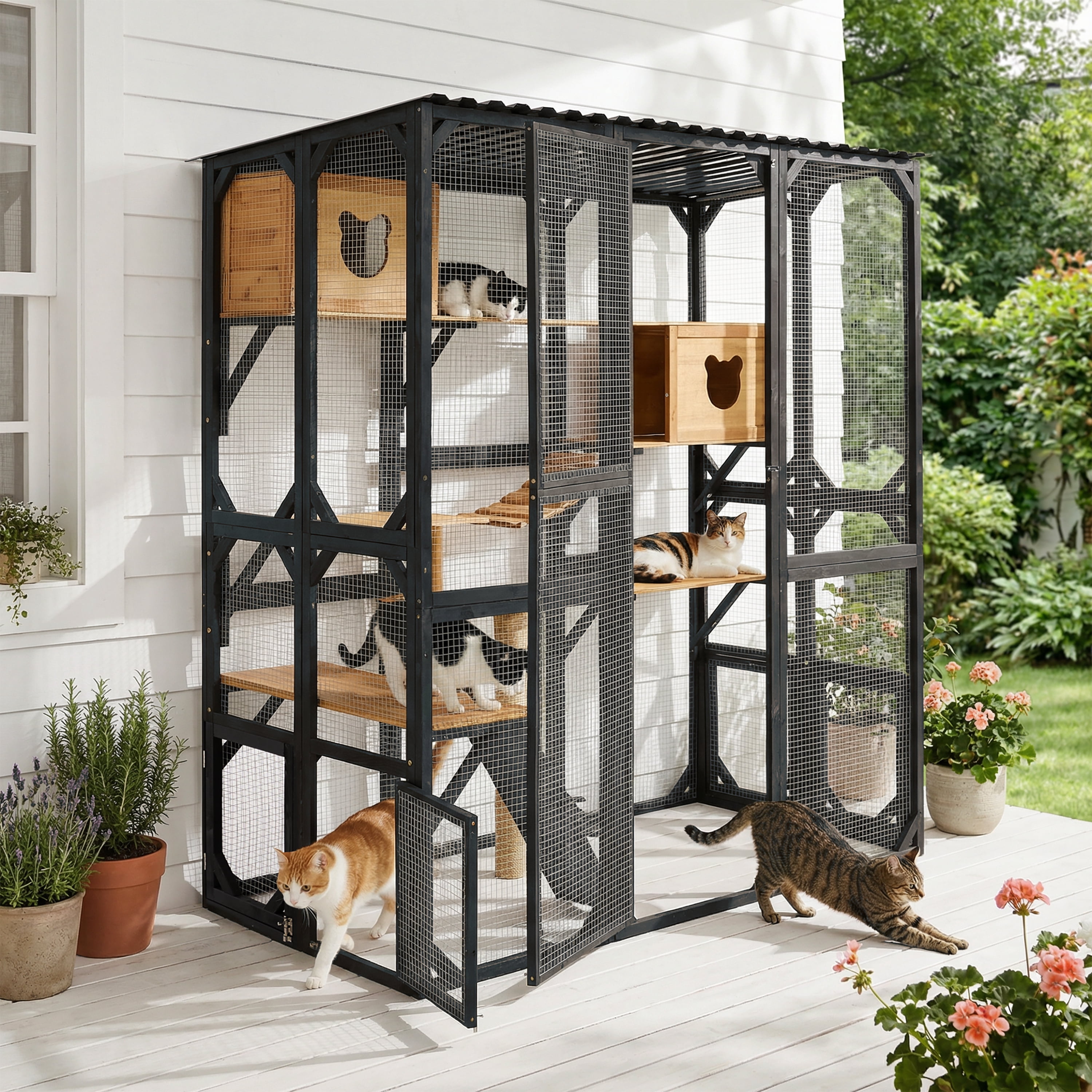 Fir Wood Cat Enclosure, Outdoor Catio House with Sleeping Area for Cats, Black and Brown