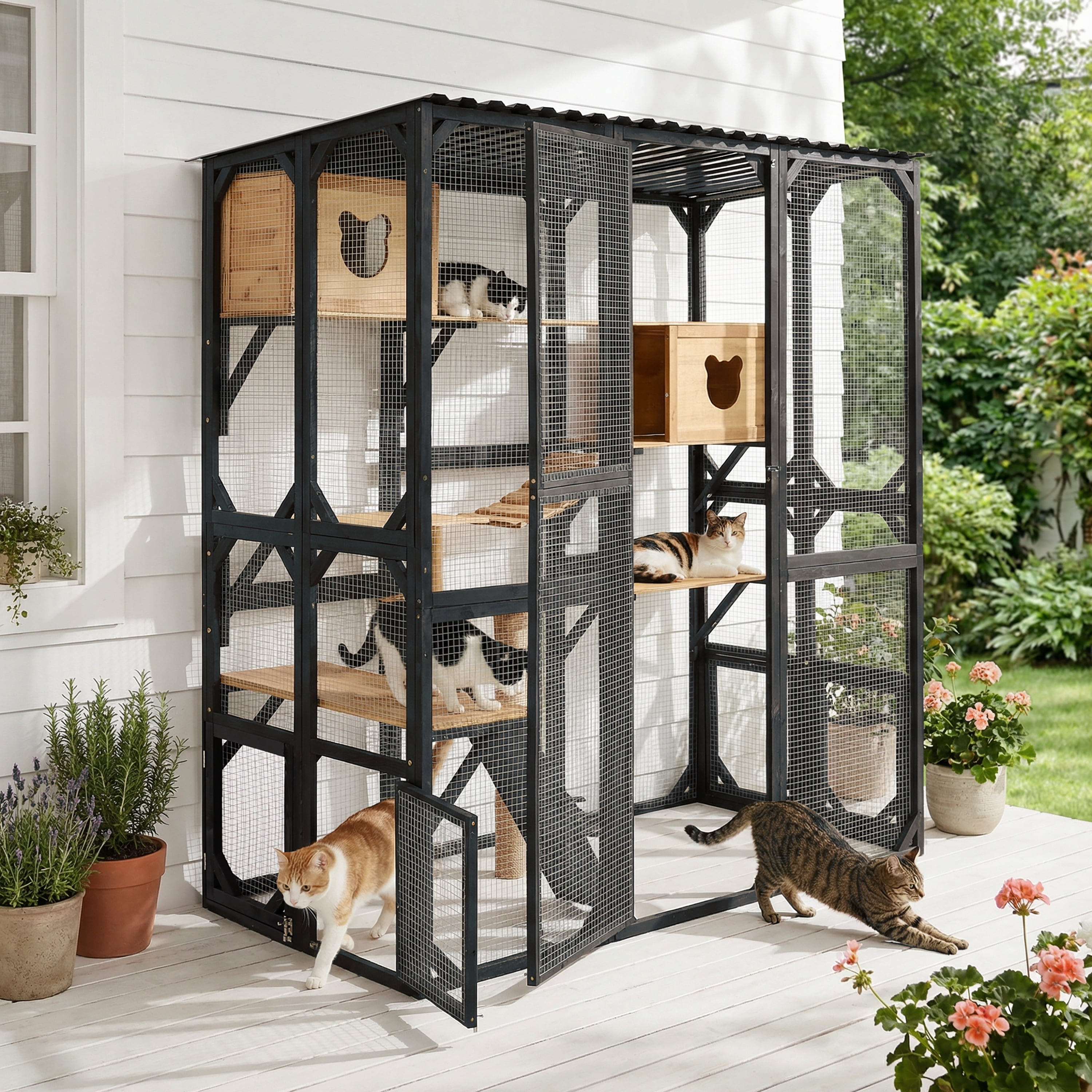 Fir Wood Cat Enclosure, Outdoor Catio House with Sleeping Area for Cats, Black and Natural