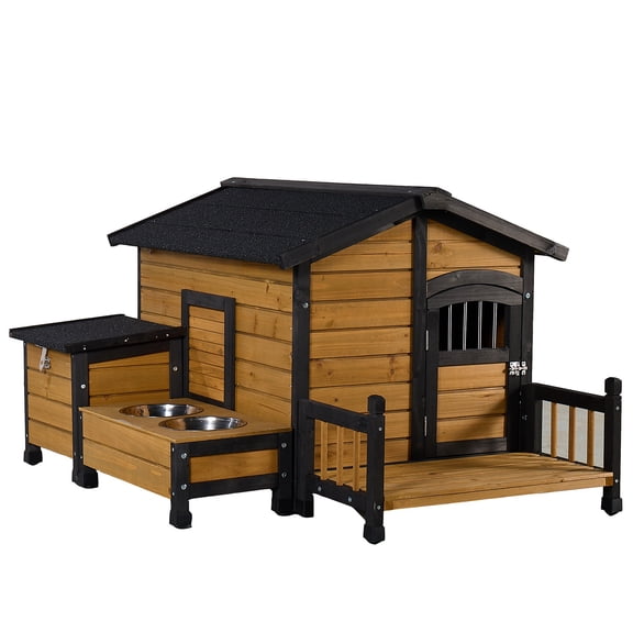Fir Wood Dog House With Porch Feeding Station Side Storage Box Lock Door Asphalt Roof