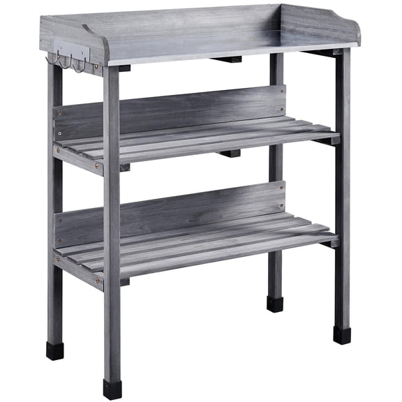 Fir Wood Garden Workbench 3-Tier Storage Shelves Metal Tabletop Hooks Outdoor Potting Table for Tools and Supplies Gray