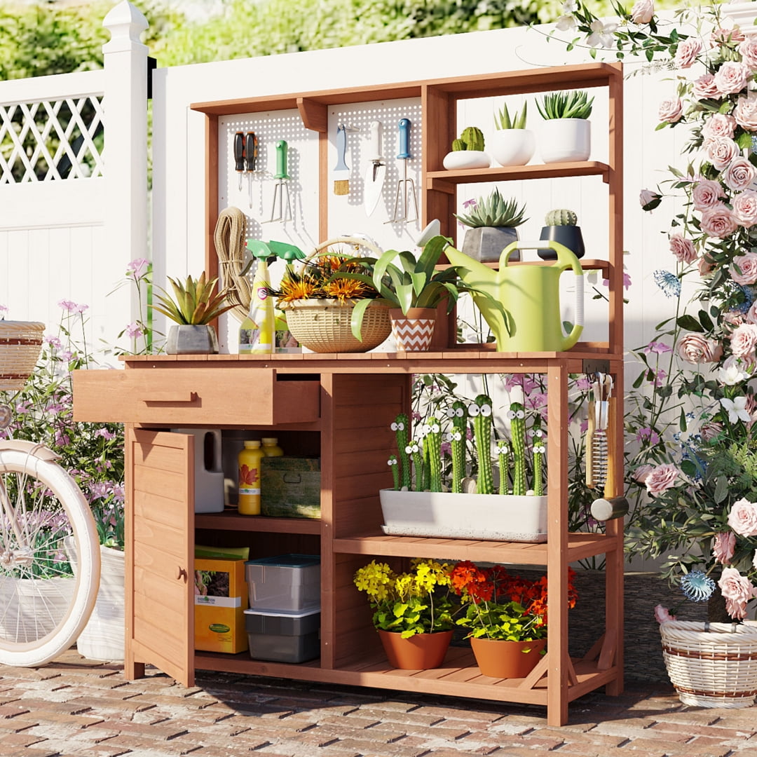 ARNOT Wooden Potting Bench - Outdoor Garden Table With Storage & Hooks