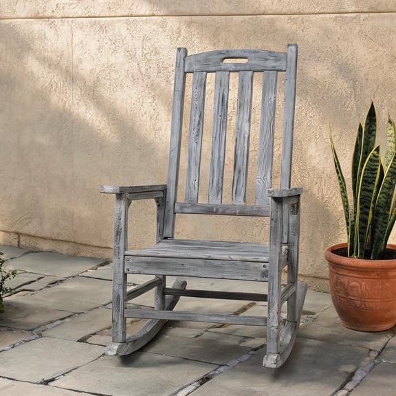 Fir Wood Porch Rocker in Gray-Toned Finish with Contoured High Back, Oversized Indoor-Outdoor Seating