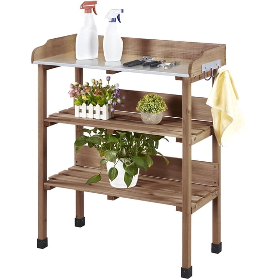 Outdoor Garden Potting Bench Table, Wooden Horticulture Planting Workstation with Metal Tabletop and Storage Shelf, Heavy Duty for Patio Backyard Organization, Brown