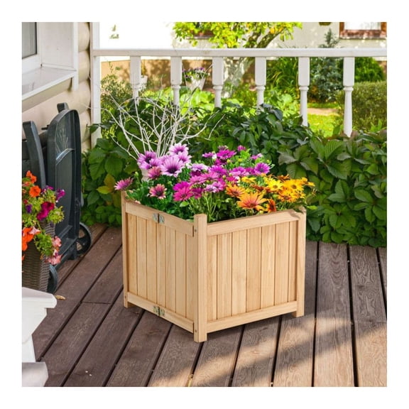 Fir Wood Raised Garden Bed, 15x15x14 Inch Folding Plant Box, Portable Elevated Garden Planter with Removable Bottom for Flowers, Herbs, Vegetables