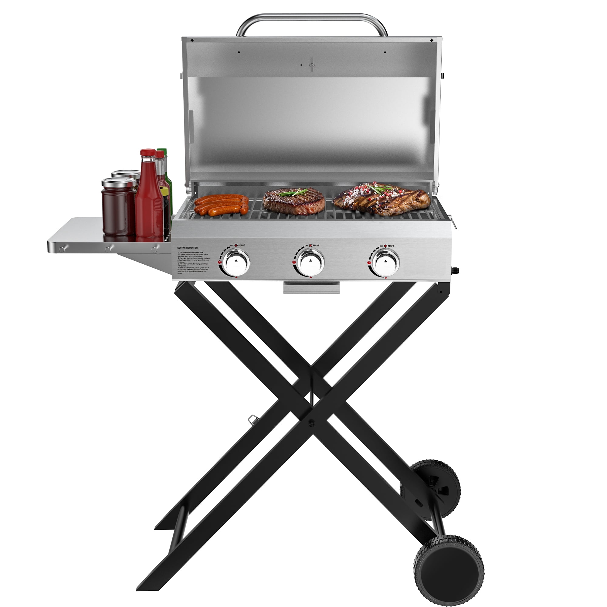 Hitechluxe 3-Burner Propane Gas Grill with Foldable Cart, Lid & Side Table for Outdoor Patio Backyard Barbecue Camping Tailgating RV Trip, Stainless Steel