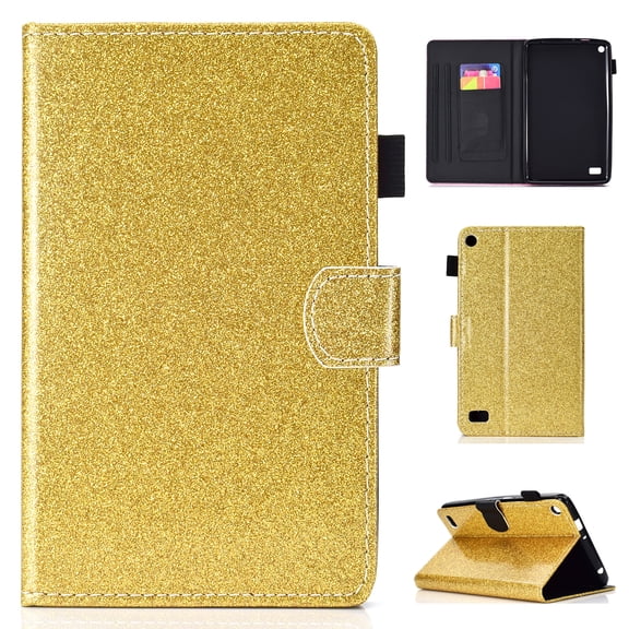 Fire 7 2015 Case (5th Generation ONLY), Allytech Glitter Leather Slim Fit Lightweight Shockproof Super Protective Kickstand Folio Book Cover with Pencil Holder for Amazon Kindle Fire 7 2015, Gold