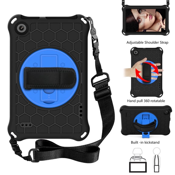 Fire 7 Tablet Case For Kids with Adjustable Shoulder Strap, Dteck 360 Rotating Stand Full Body Shockproof Protective Case Cover with Hand Strap for Kindle Fire 7 (2015/2017/2019), Black/Blue