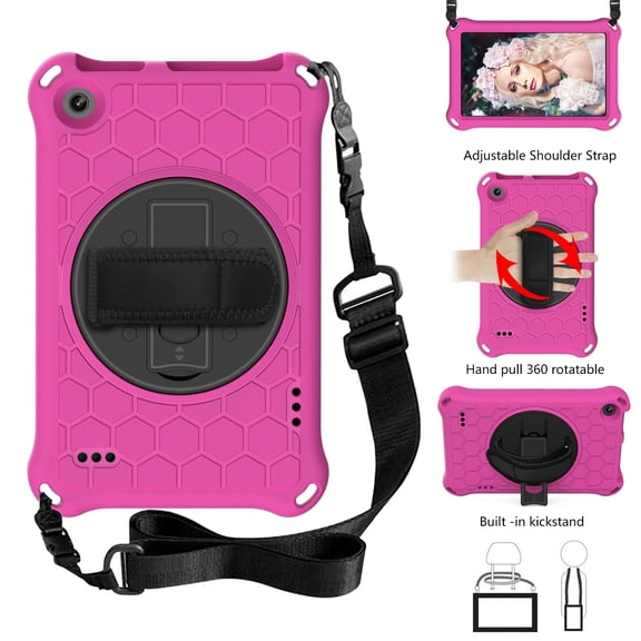 Fire 7 Tablet Case For Kids with Adjustable Shoulder Strap, Dteck 360 Rotating Stand Full Body Shockproof Protective Case Cover with Hand Strap for Kindle Fire 7 (2015/2017/2019), Rose