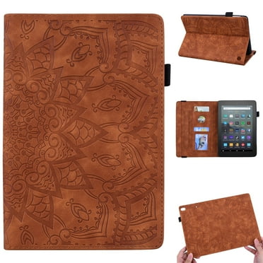 Fire 7 inch 12th Gen 2022 Case with Pencil Holder, Allyetch Embossed Mandala PU Leather Flip Folio Anti-Slip Stand Card Slots Wallet Cover for Kindle Fire 7 2022(12th Gen), Brown
