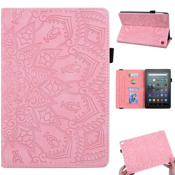 Fire 7 inch 12th Gen 2022 Case with Pencil Holder, Allyetch Embossed Mandala PU Leather Flip Folio Anti-Slip Stand Card Slots Wallet Cover for Kindle Fire 7 2022(12th Gen), Pink