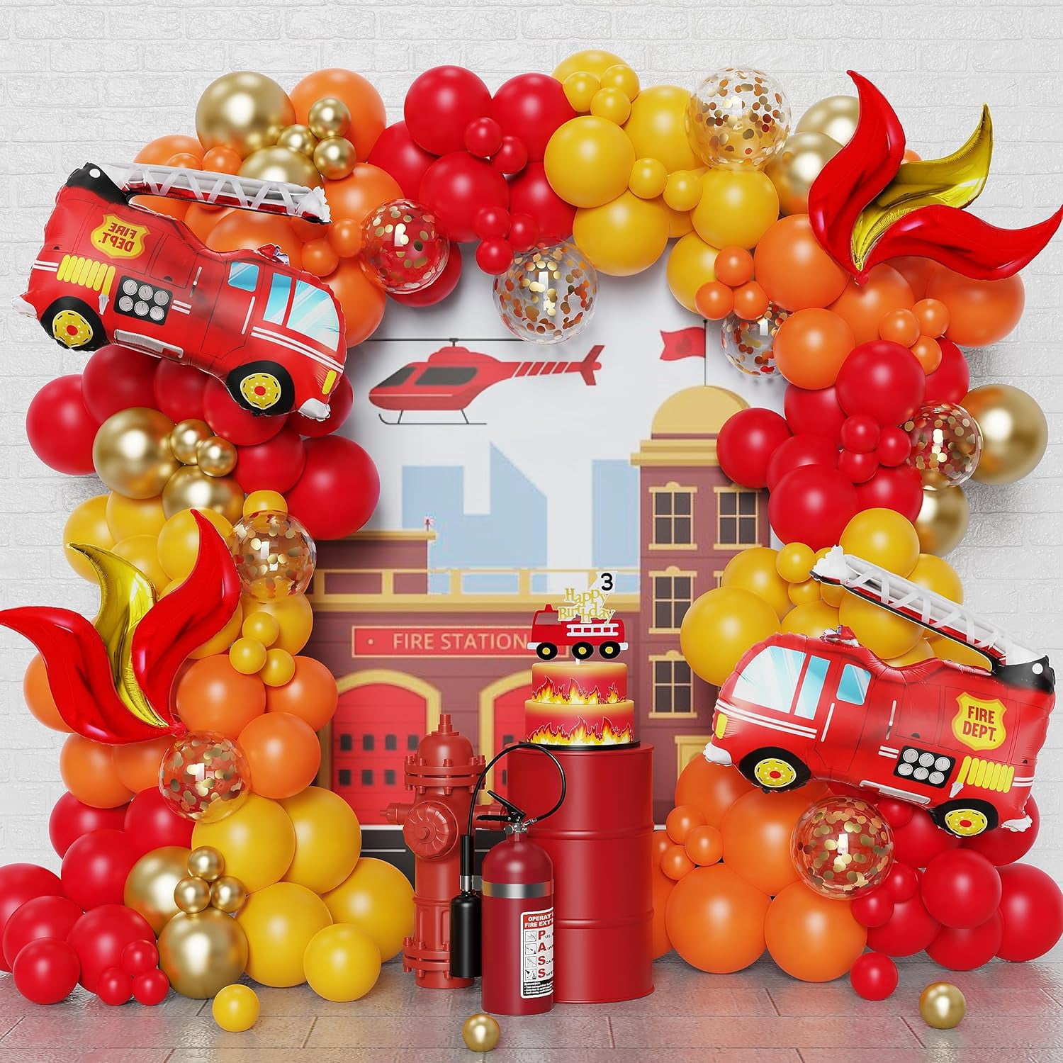Fire Balloon Garland Arch Kit 144PCS Balloons with Fire Truck Foil Balloons for Fireman Birthday Party Supplies Firefighter Rescue Theme Decoration Red Yellow Chrome Gold