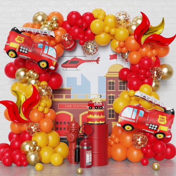 Fire Balloon Garland Arch Kit for Fireman Party Decorations | 144pcs Red Yellow Chrome Gold Balloons with Fire Truck Foil Balloons for Birthday Firefighter Rescue Themed Party Supplies