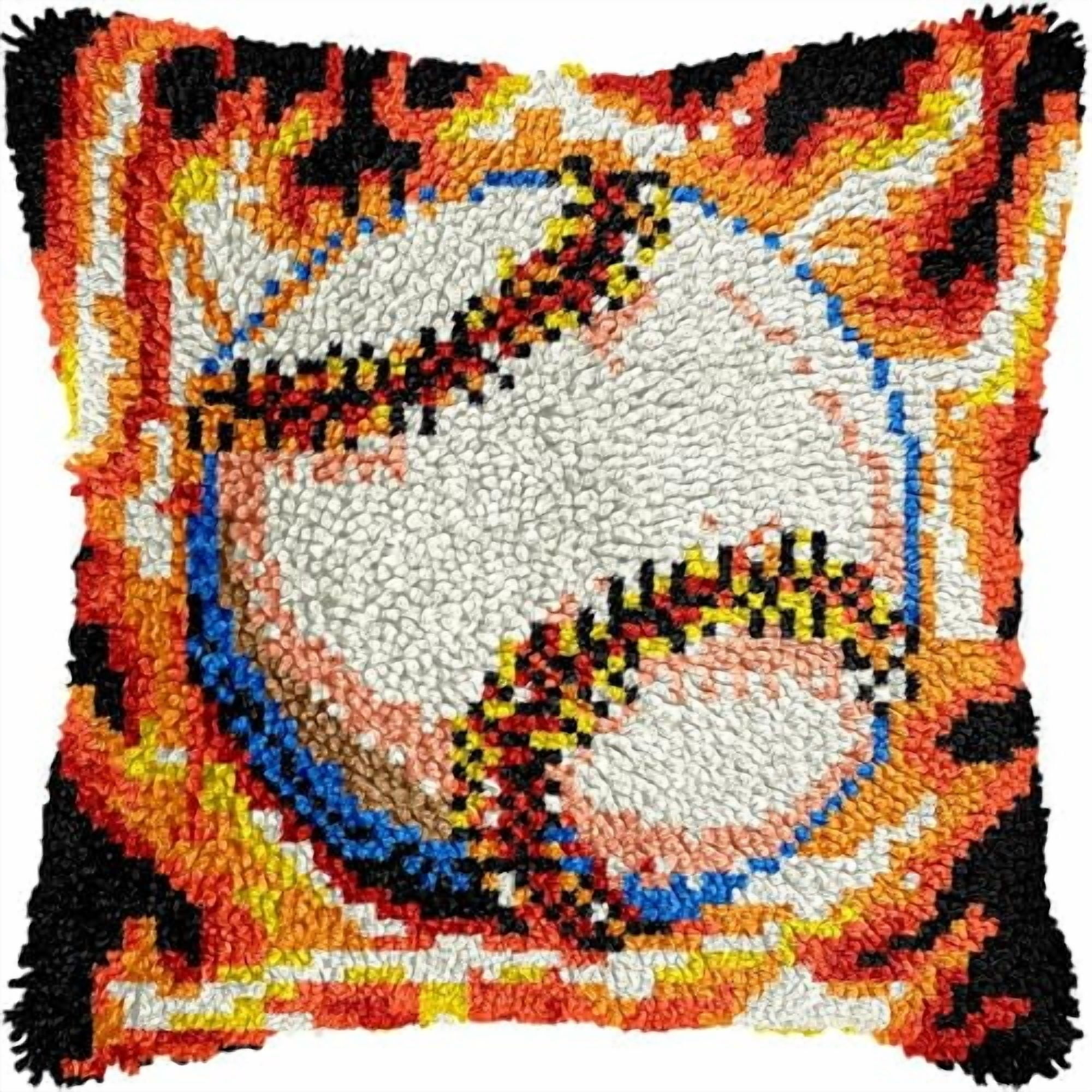 Fire Baseball Latch Hook Pillow Kits for DIY Throw Pillow Cushion Embroidery Latch Hooking Pillowcase Kits with Preprinted Canvas Crochet Yarn Kits for Home Decor 17''X 17''(d303)