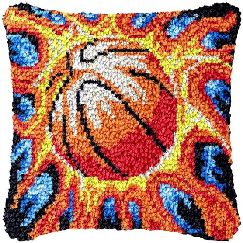 Fire Basketball Latch Hook Pillow Kits for Beginner Needle Crochet Yarn Kits with Stamped Canvas Embroidery Cushion Hook and Latch Throw Pillow Home Sofa Decoration 43x43cm