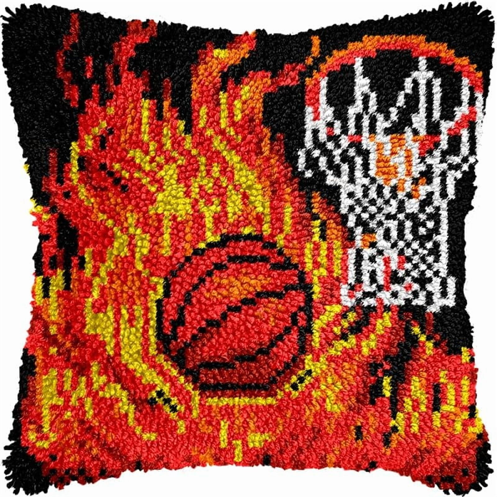 Fire Basketball Latch Hook Pillow Kits Pillow Cover Pattern Printed Canvas Crochet Knitted Hooking Pillowcase Cushion Crafts Embroidery Latch Hooking Crochet Kits Set 17x17 inch(27)
