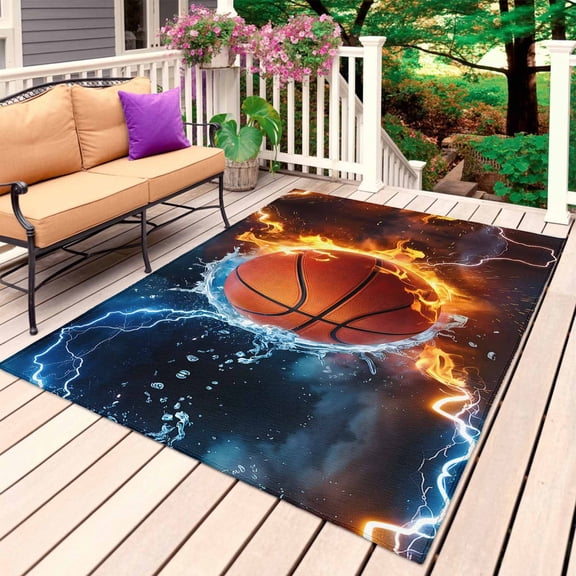 Fire Basketball Outdoor Rug for Patio/Deck/Porch, Non-Slip Large Area Rug 3 x 5 Ft, Splashing Blue Red Water Fire Indoor Outdoor Rugs Washable Area Rugs, Reversible Camping Rug Carpet Runner